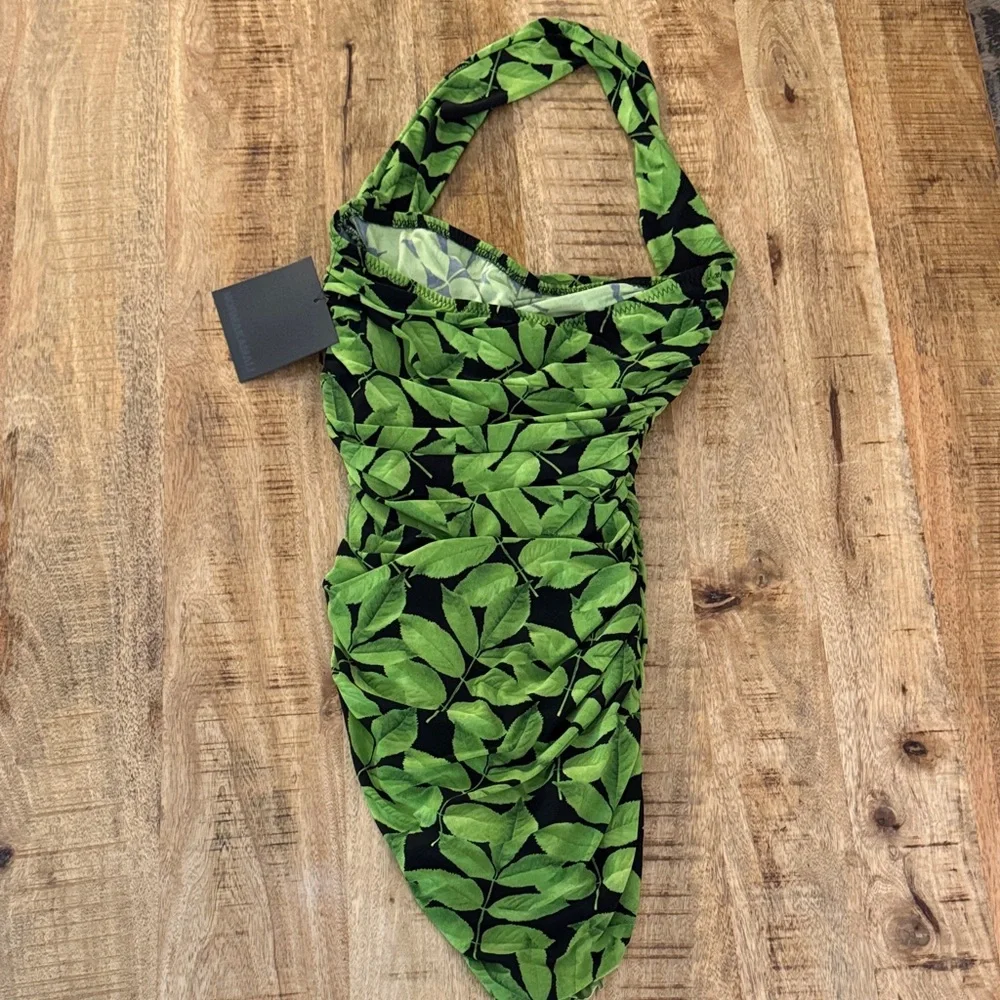 Norma Kamali Bill Mio Green leaves tree Leaf Halter swim bathing suit NWT small